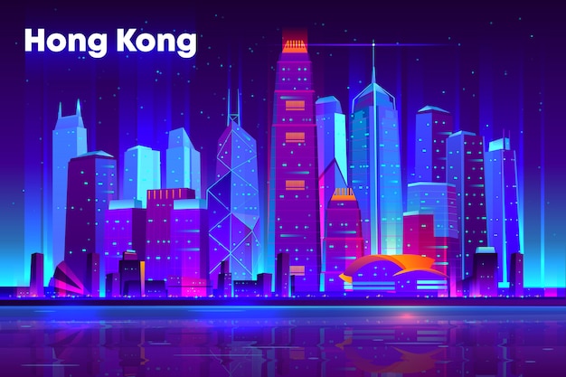 Free Vector hong kong city nightlife cartoon  banner, poster template.