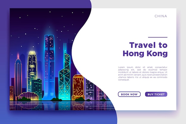 Free Vector hong kong travel banner vector template design with travel and city skyline most famous landmarks and tourist destinations elements in colorful background vector illustration