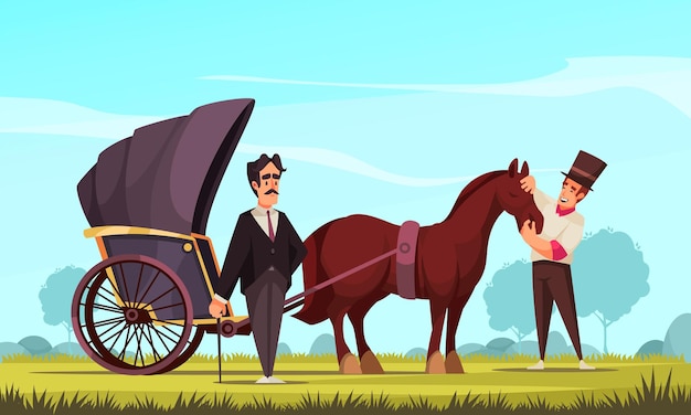 Free Vector horse drawn vehicle cartoon background with breeder representing horse harnessed in passenger buggy to buyer vector illustration