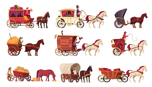 Free vector horse drawn vehicles cartoon set of animal in harness to work on ranch or transportation of people isolated vector illustration