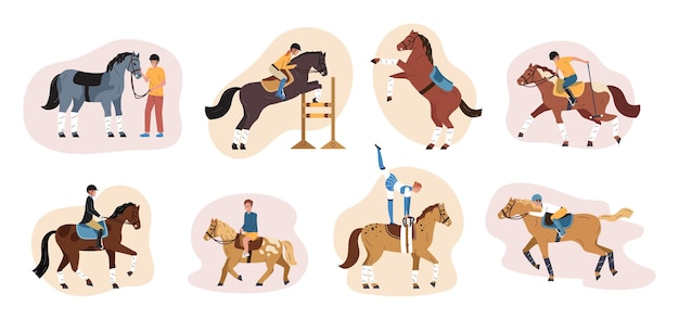 Free Vector horse equestrian sport flat color set with horseback riding people isolated on white background vector illustration