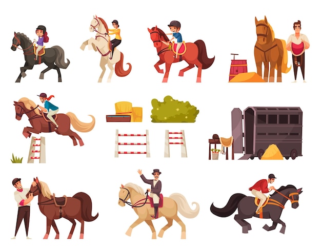 Free Vector horse riding set with sport and entertainment symbols flat isolated vector illustration