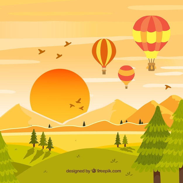 Hot air balloons background with sky in hand drawn style