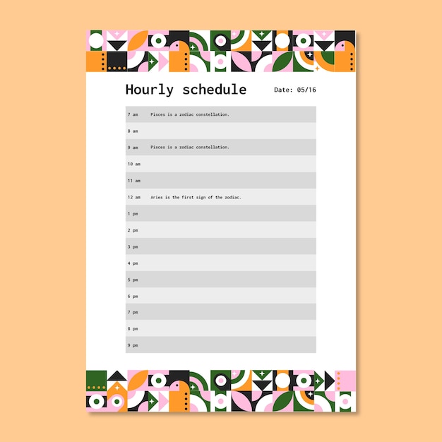 Hourly schedule template design