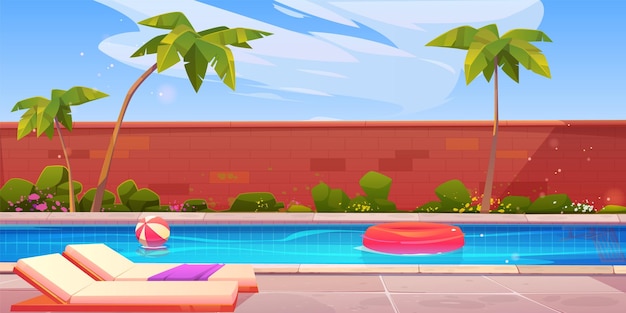 Free Vector house backyard with swimming pool vector illustration villa poolside for summer vacation with chair fence palm tree inflatable ball and lifebuoy outdoor tropical resort area environment