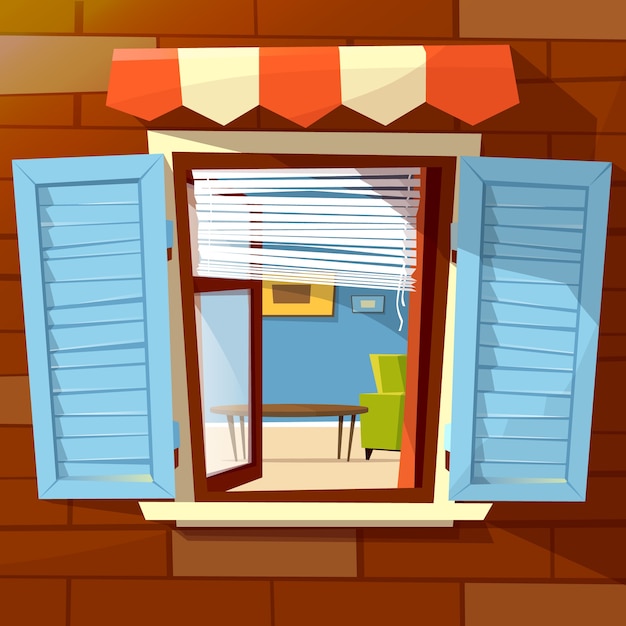 Free Vector house facade open window illustration of window with open wooden shutters 