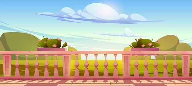 House terrace, balcony with white marble balustrade and flowers in pots. Vector cartoon illustration of empty building veranda, banister with pillars in classic style and garden landscape