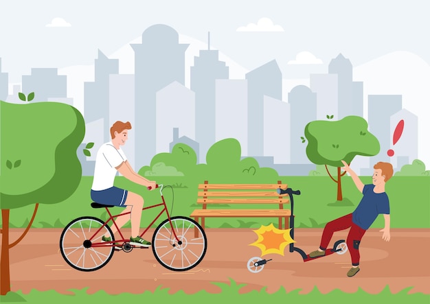 Free vector household injuries flat composition with cityscape background urban park view with bike and damaged kick scooter vector illustration