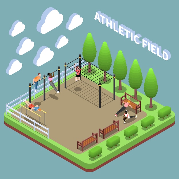 Free Vector human characters during outdoor exercises at sports ground isometric composition on turquoise