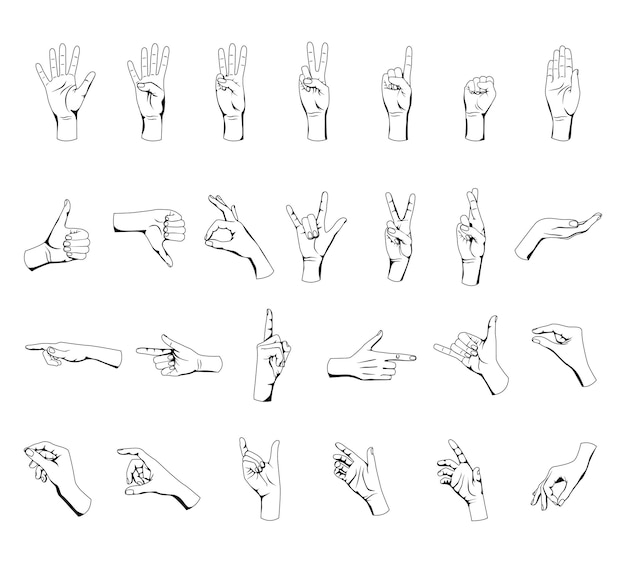 Free vector human hands gestures flat set with isolated outlines of black and white flourishes on blank background vector illustration