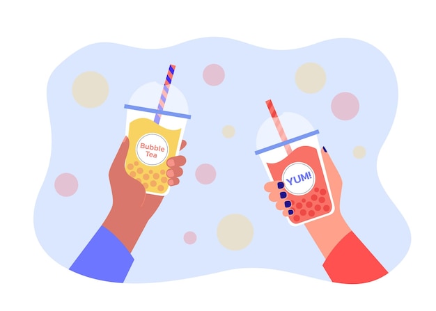 Free Vector human hands holding plastic cups with cool bubble tea and straws. persons enjoying asian popular sweet boba drink, delicious and cold pearl milk beverage flat vector illustration. dessert concept