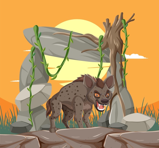 Free Vector hyena at sunset in rocky landscape