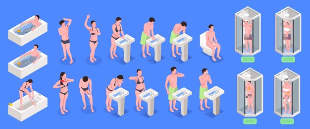 Hygiene isometric set with bathing and shaving symbols isolated vector illustration