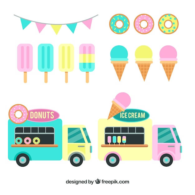 Free Vector ice cream, donuts and food trucks