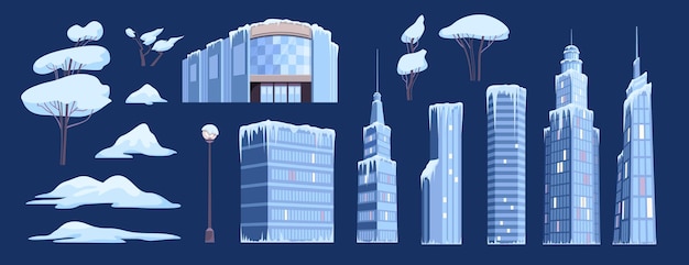 Free Vector ice snow modern city background set with isolated elements of cityscape buildings and trees in snow vector illustration