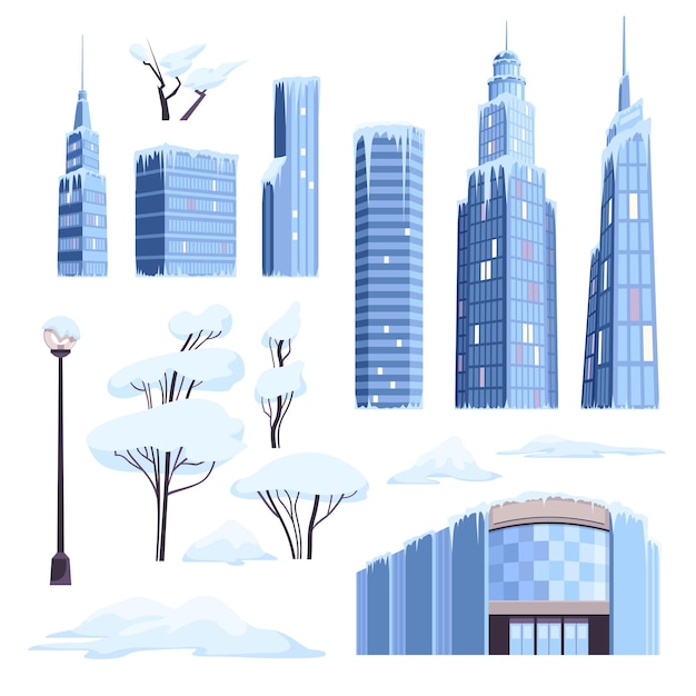 Free Vector ice snow modern city set with isolated icons of skyscrapers icicles snowy trees and lamp post vector illustration