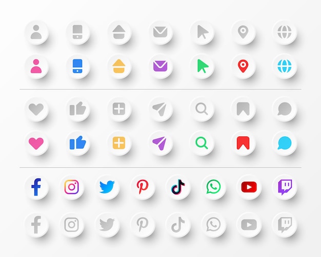 Free vector icons and social media logos collection for business cards and websites in neumorphism styl