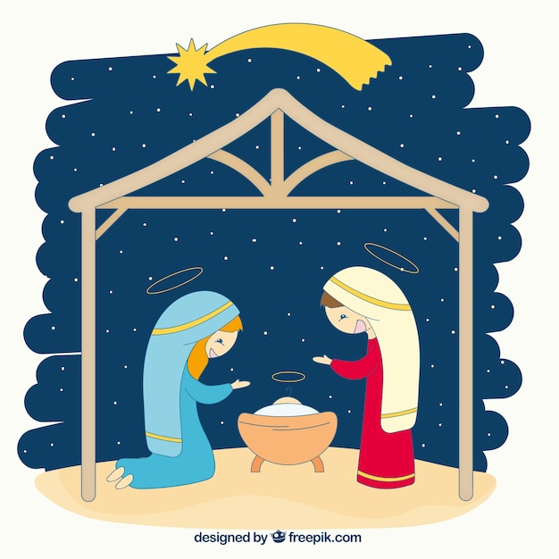 Free vector illustration of nativity scene with shooting star