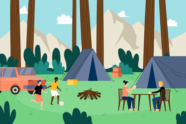 Free vector illustration of people camping in nature