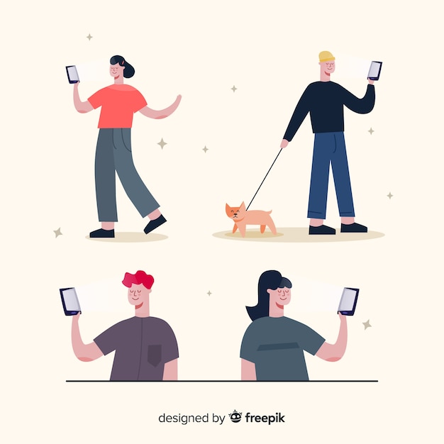 Free vector illustration with grup of characters using phones