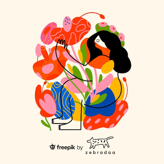 Free vector illustration of woman in a colorful garden