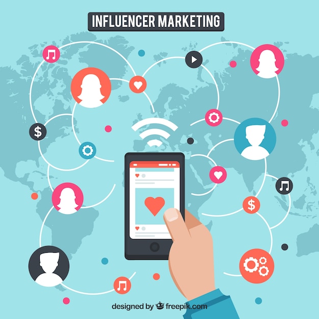 Free vector influencer marketing concept with smartphone on map