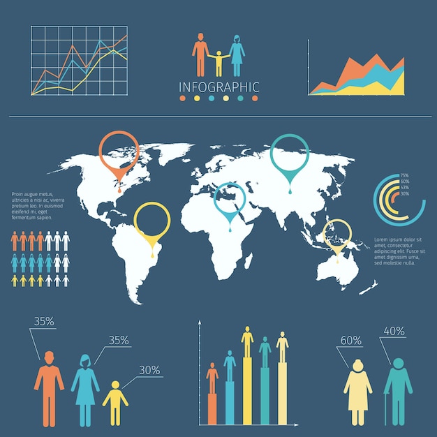 Free Vector infographic with people icons and charts. word map with information infographic, illustration map with infochart