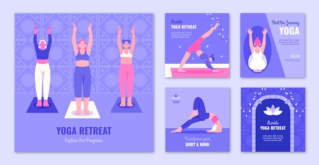 Free Vector instagram posts collection for yoga retreat and meditation centre