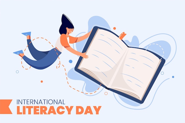 Free Vector international literacy day with book and woman