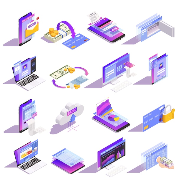 Free Vector internet online mobile banking services isometric icons collection with loading money onto card building credit