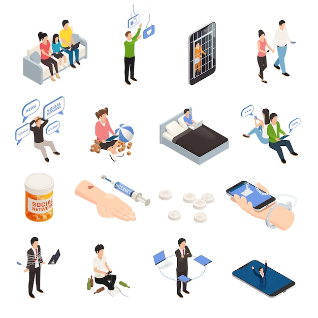 Internet smartphone gadget addiction isometric icons set with human characters electronic devices and addiction figurative pictograms vector illustration