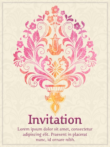 Free Vector invitation card with watercolor damask element on the light damask background