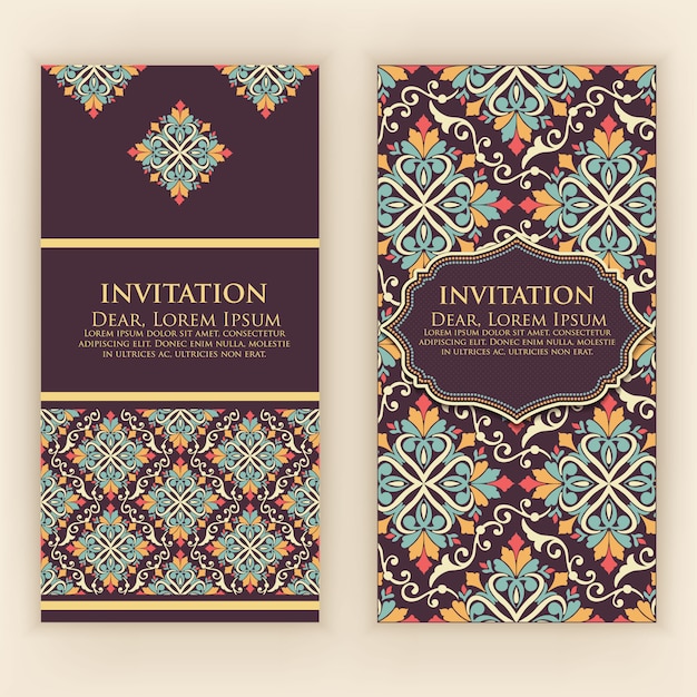 invitation, cards with ethnic arabesque elements. Arabesque style design. Elegant floral abstract ornaments. Front and back side of card. Business cards.