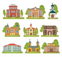 Free vector isolated and colored building school church set with different types and purposes for buildings