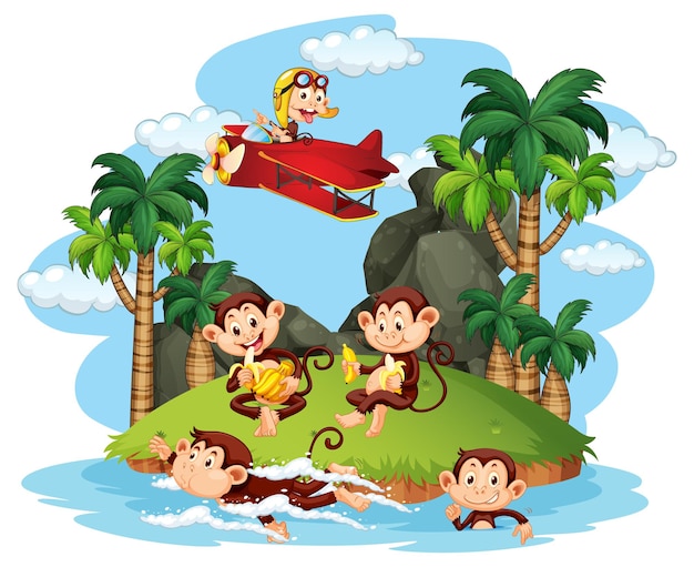 Isolated island with naughty monkeys doing different activities