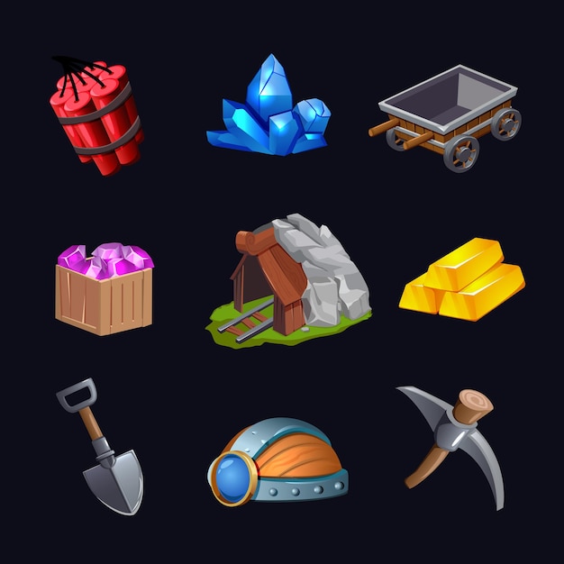 Free Vector isolated mining game design icon set with treasure hunt crystals and mines vector illustration