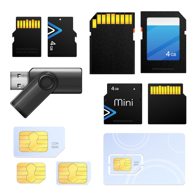 Free vector isolated realistic memory card sim icon set with different types for different tech