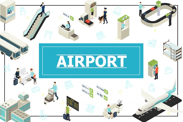 Free Vector isometric airport composition with passengers police officer check-in desk security control bus airplane departure board escalator baggage conveyor belt in frame