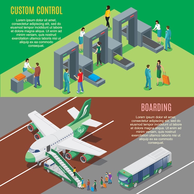 Free Vector isometric airport horizontal banners with security gates control and airplane boarding process