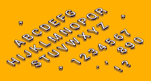 Isometric alphabet, numbers and punctuation marks lying in row