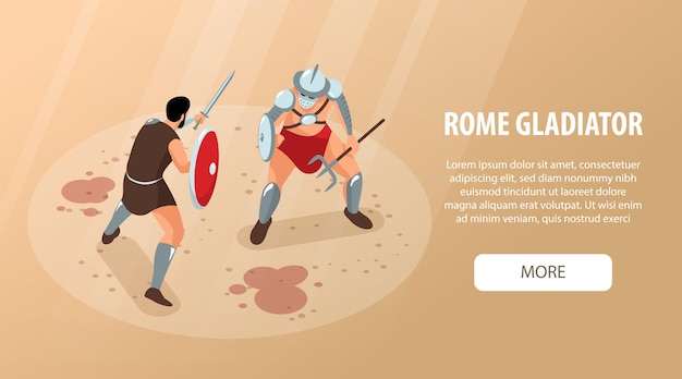 Isometric  ancient  rome  gladiators  horizontal  banner  with  editable  text  more  button  and  fighting  warriors  with  blood