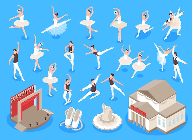 Free Vector isometric ballet icons set with theatre building and dancing costumes isolated vector illustration