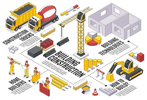 Isometric builders horizontal composition with flowchart lines infographic elements and images of construction materials with workers illustration