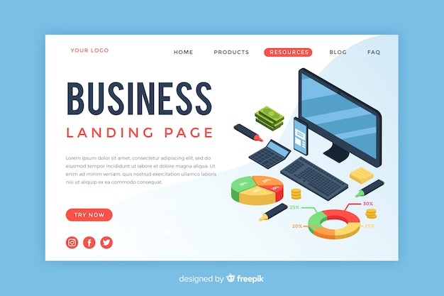 Free vector isometric business landing page template