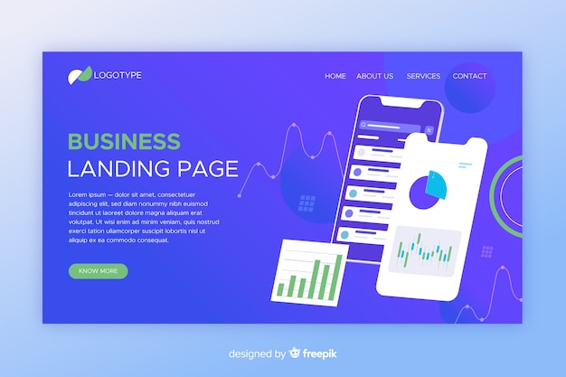 Isometric business landing page with phones