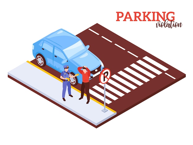 Free Vector isometric car parking composition with notation penalty for illegal car parking with human characters and automobile