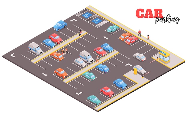 Free Vector isometric car parking mall composition with view of square area with images of cars and people