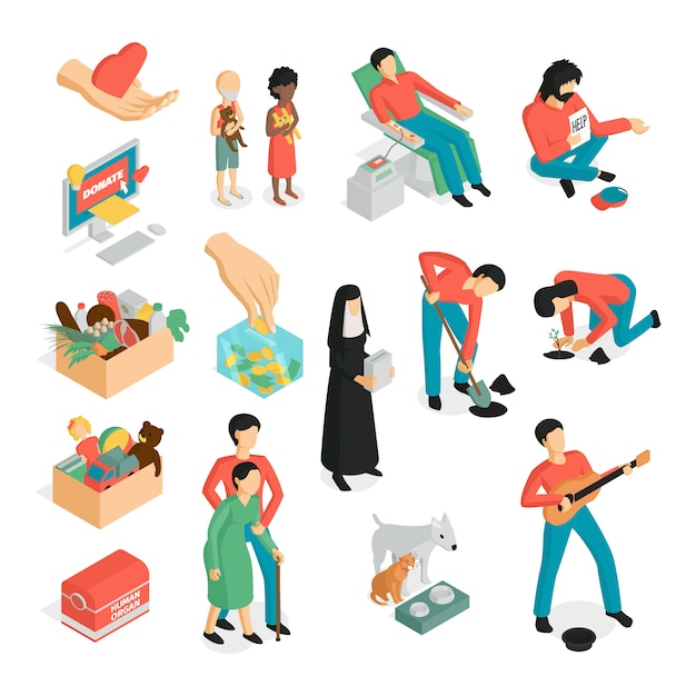 Isometric charity donation volunteers set of isolated images human characters and pictogram icons