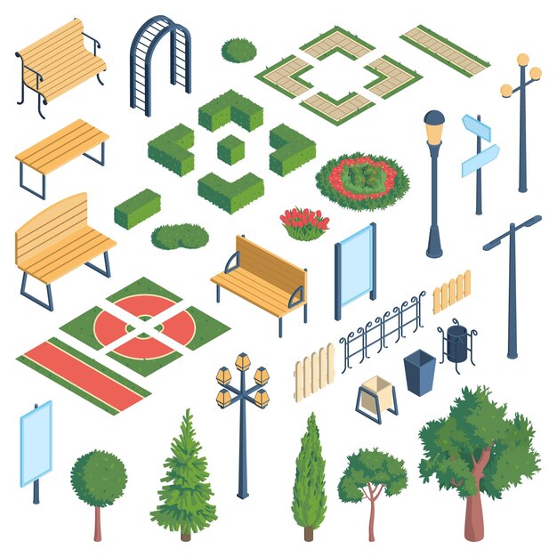 Isometric city park elements set with isolated essential parts images of modern public garden with shadows vector illustration