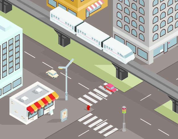 Free vector isometric city street with transport illustration